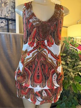 ADIVA Paisley Beaded V-Neck Tiered Tank Top Blouse Size L